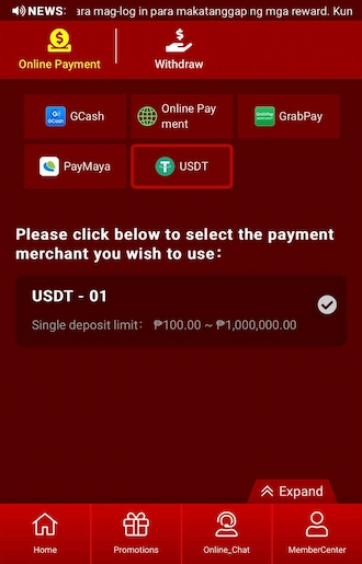 Step 2: Select the USDT method. Then select a suitable USDT payment channel.