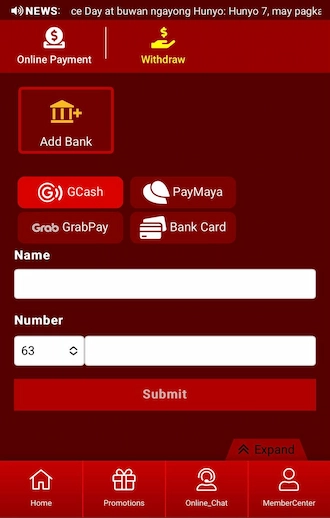 Step 2: Click “Add Bank” and select a withdrawal account type. Then, fill in the withdrawal account information and click ‘Submit’ to complete.